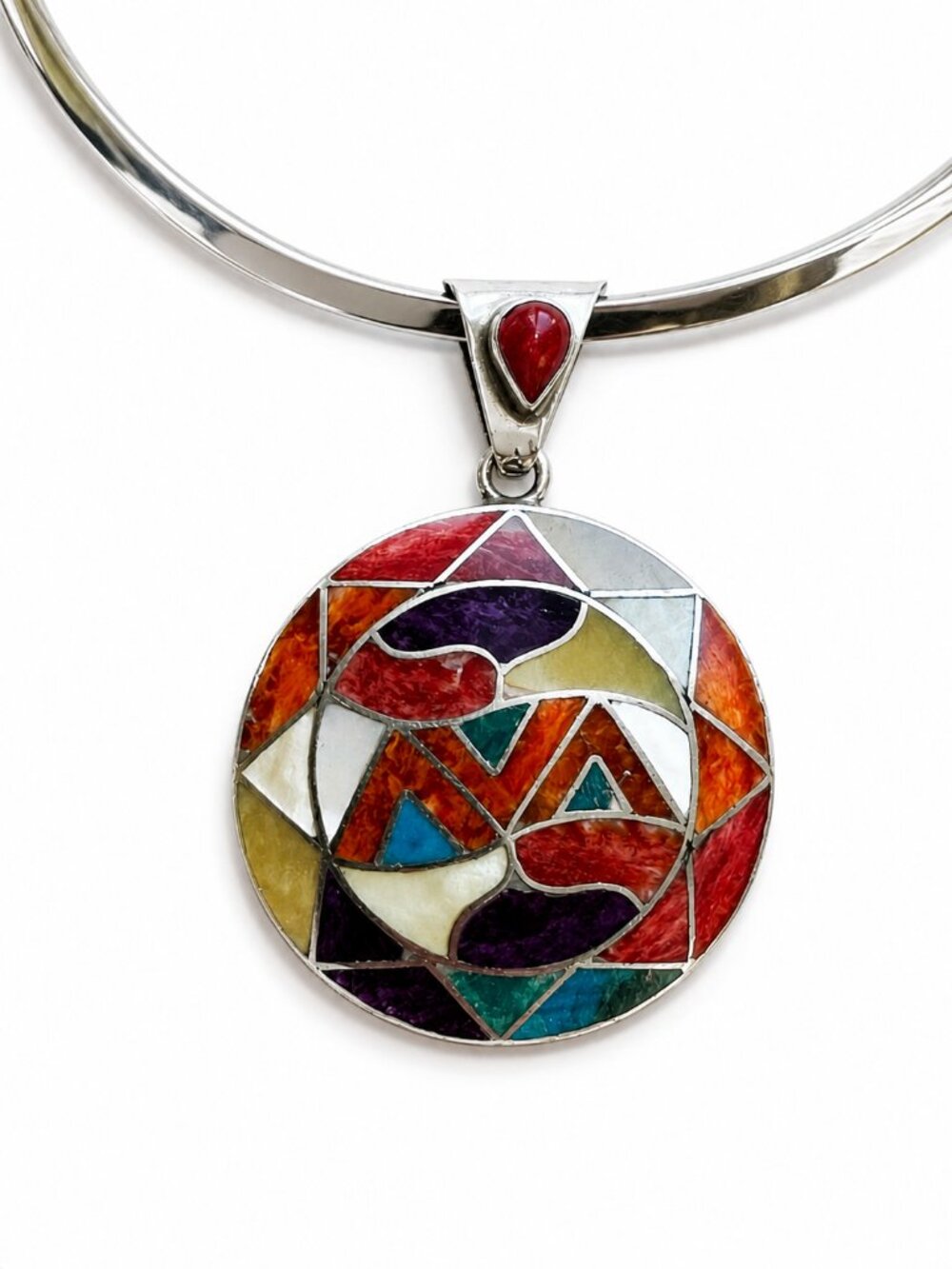 Peruvian 950 Sterling Silver Artisan Mosaic Inlay Pendant